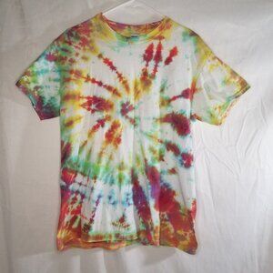 Gildan Adult M Cotton Short Sleeve Starburst Tie Dye T-shirt Red Green Orange